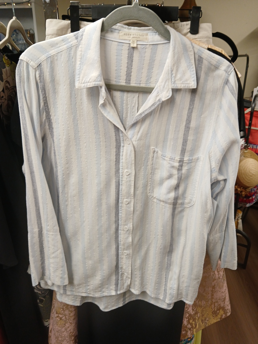 Side Stitch White and Light Blue Striped Collared Shirt
